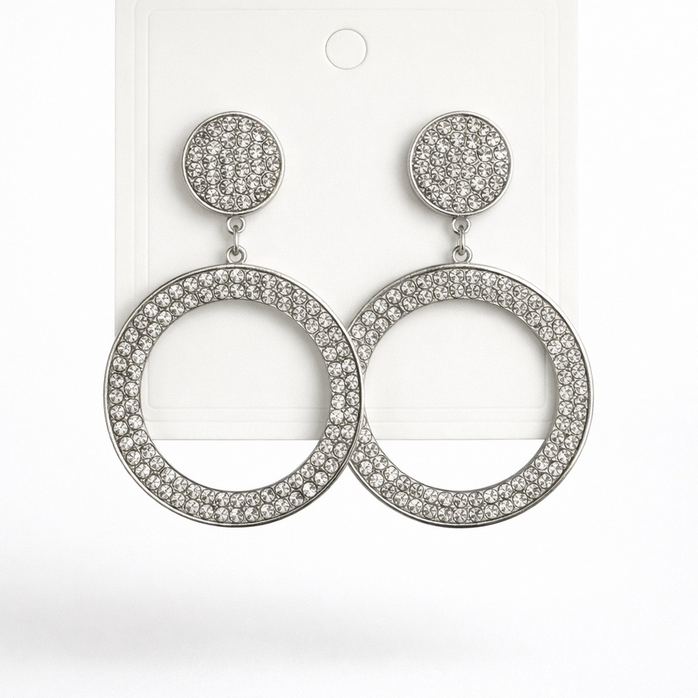 Rhinestone Hoop Drop Earrings Silver Statement Circle Earrings